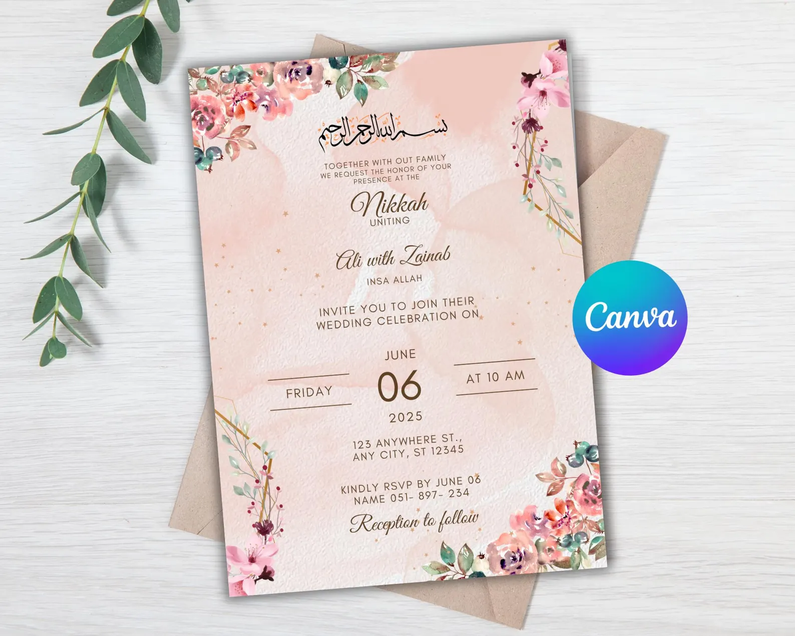 Editable Islamic Nikkah Invitation Template, Luxury Floral Nikkah Invitation